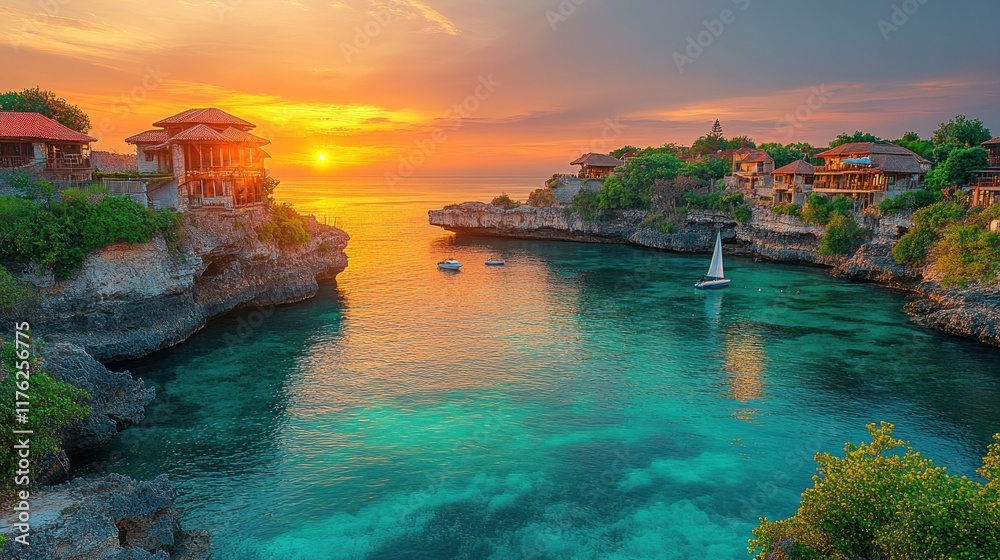 Fototapeta premium Serene coastal sunset with villas and a sailboat in tranquil waters.