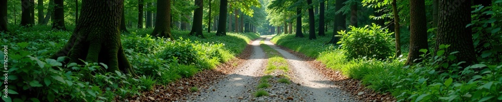 Gravel and pebble cobblestone road winding through dense forest, cobblestone, dense Gravel and pebble cobblestone road winding through dense forest, cobblestone, dense