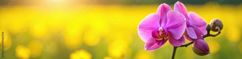 Obraz premium A stunning purple orchid in full bloom against a bright and cheerful yellow field, flowers, orchids, purple blooms