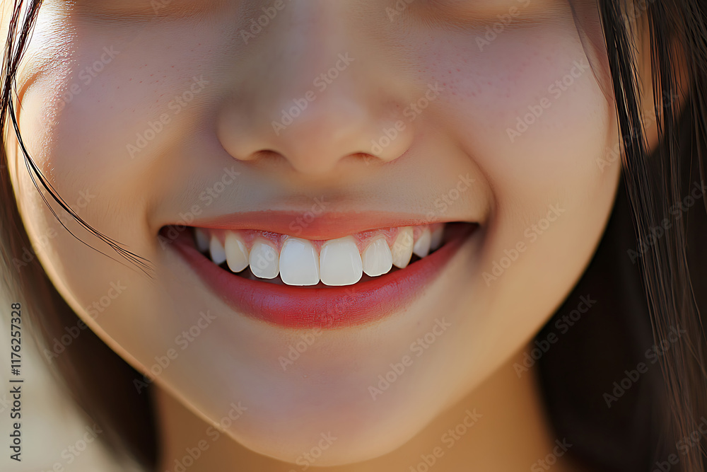 Obraz premium Close-up of young asian woman showing perfect white teeth while smiling