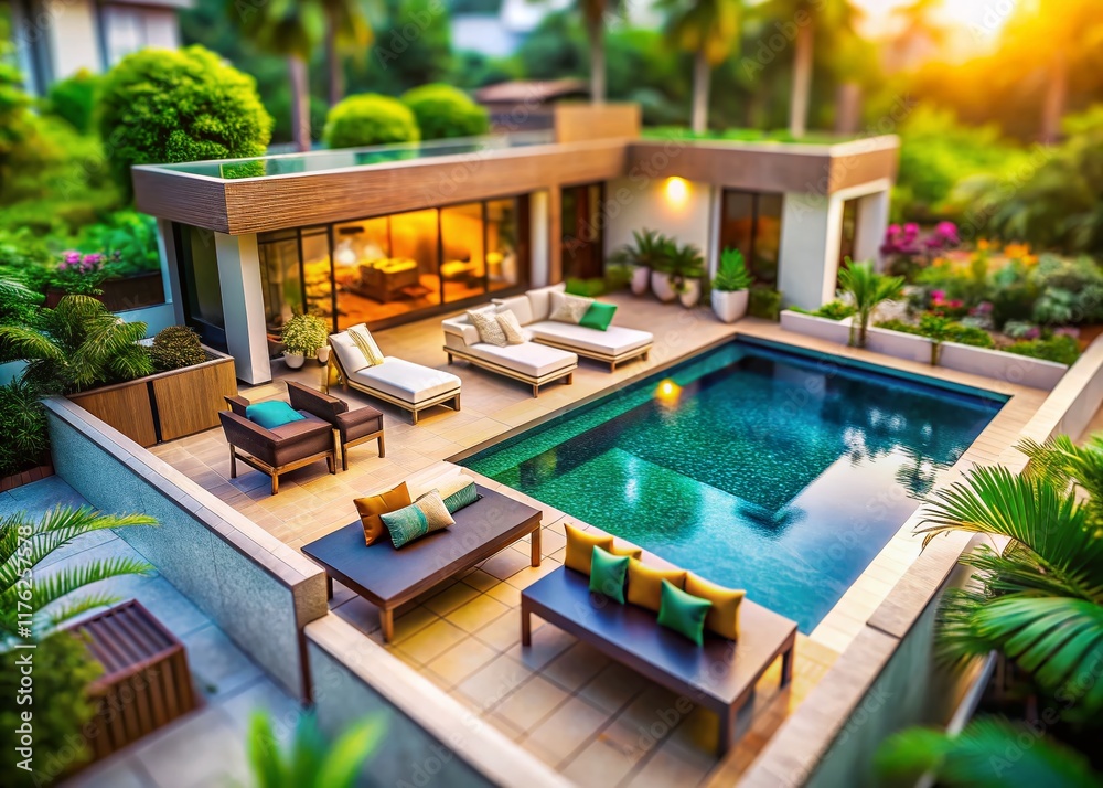 Fototapeta premium Luxury Poolside Living: Stylish Home, Tilt-Shift Miniature Effect
