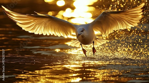 Close-up of a Royal Tern ready to take off, water reflecting its sleek form at Marco Island, Florida, in golden light. photo