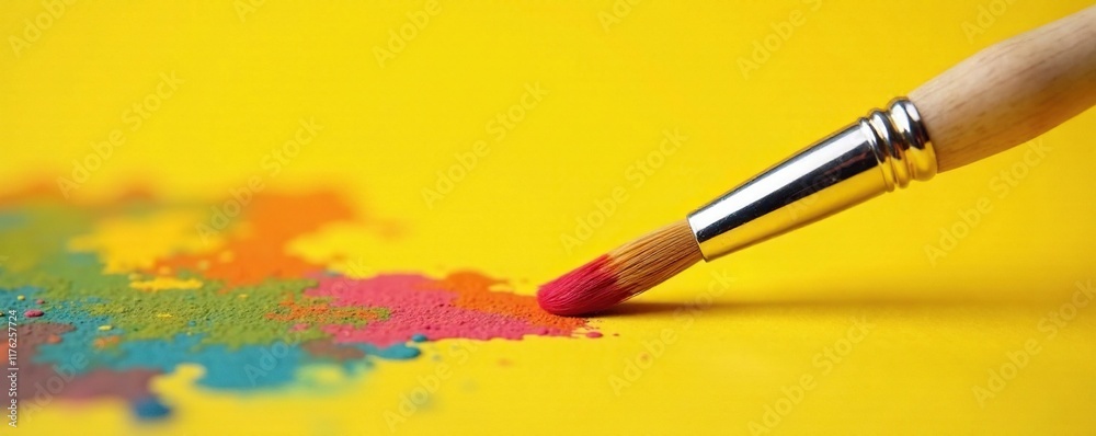 Fototapeta premium Isolated paintbrush on yellow background with soft focus, color, painting tool, soft focus