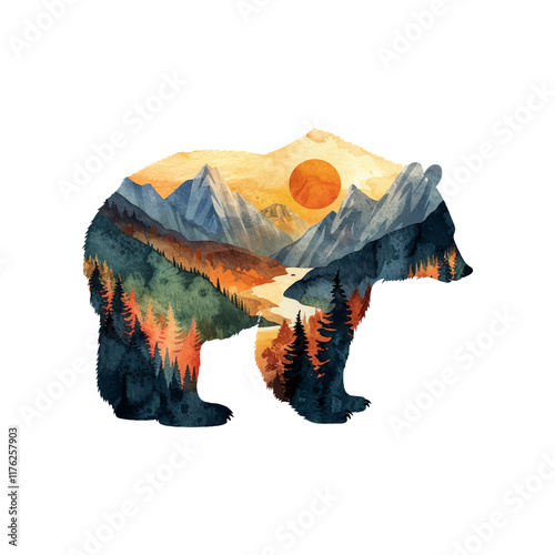 silhouette grizzly with mountain scene inside vector illustration in watercolor style