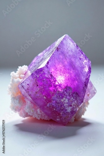 Softly glowing lepidolite crystal on white background, mineral, gemstone