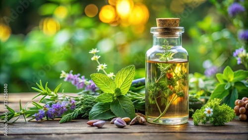 Fragrant herbs and essential oils in a glass bottle, wellness, fresh herbs,  wellness,fresh herbs, flowers
