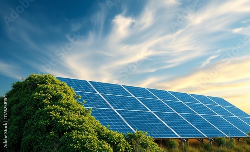 Artistic representation of 3d solar panels covered in greenery against a vibrant background innovative solar panel innovation power electricity energy technology panel renewable