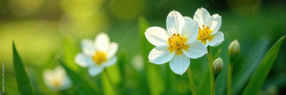 Delicate white and yellow flowers of Zephyranthes candida, nature, flowers Delicate white and yellow flowers of Zephyranthes candida, nature, flowers