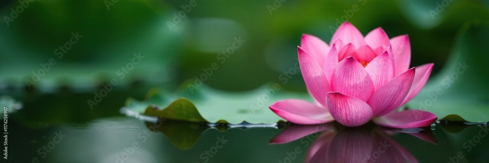A single pink lotus flower blooming in a serene pond environment, serenity found, pond life A single pink lotus flower blooming in a serene pond environment, serenity found, pond life