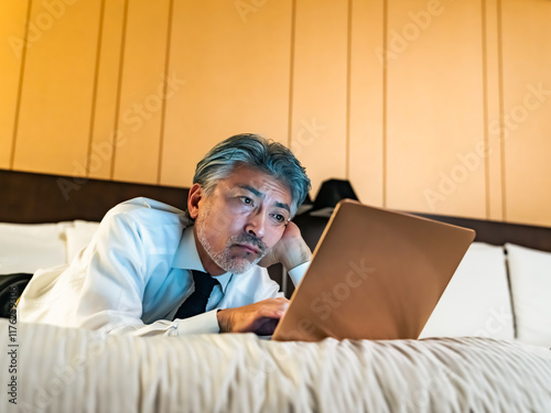 businessperson, people, businessman, bed, hotel, falling asleep, sleep, lack of sleep, staying up late, insomnia, laptop, pc, workaholic, video, social media, search, email, internet, online, web, dis photo