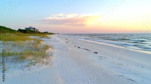 Wallpaper Mural Serene beach at sunset with gentle waves and grassy dunes. Torontodigital.ca