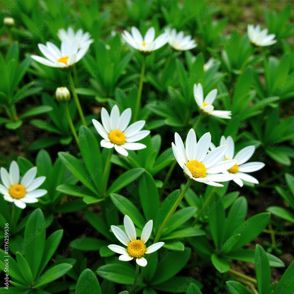 Obraz premium Pure white flowers sit among the foliage of a serene landscape, nature, plants, foliage