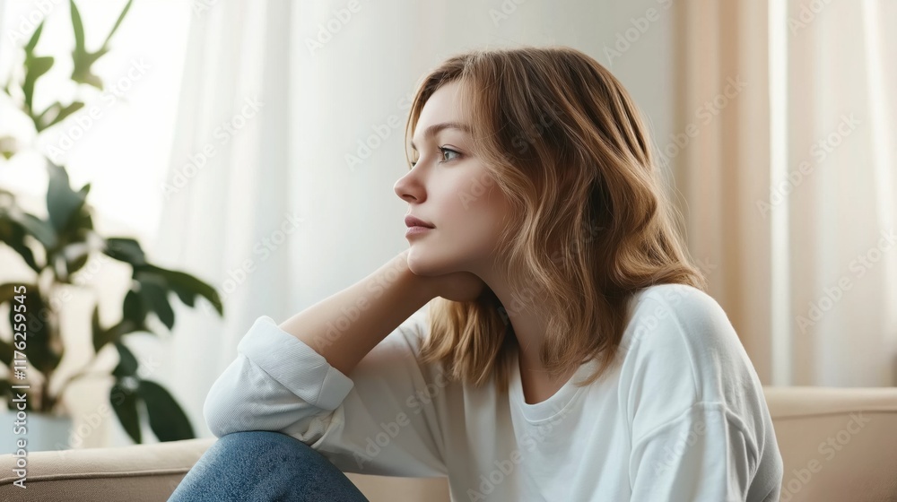 Young woman sitting thoughtfully by a window in a cozy living room during daylight hours. Young woman sitting thoughtfully by a window in a cozy living room during daylight hours.
