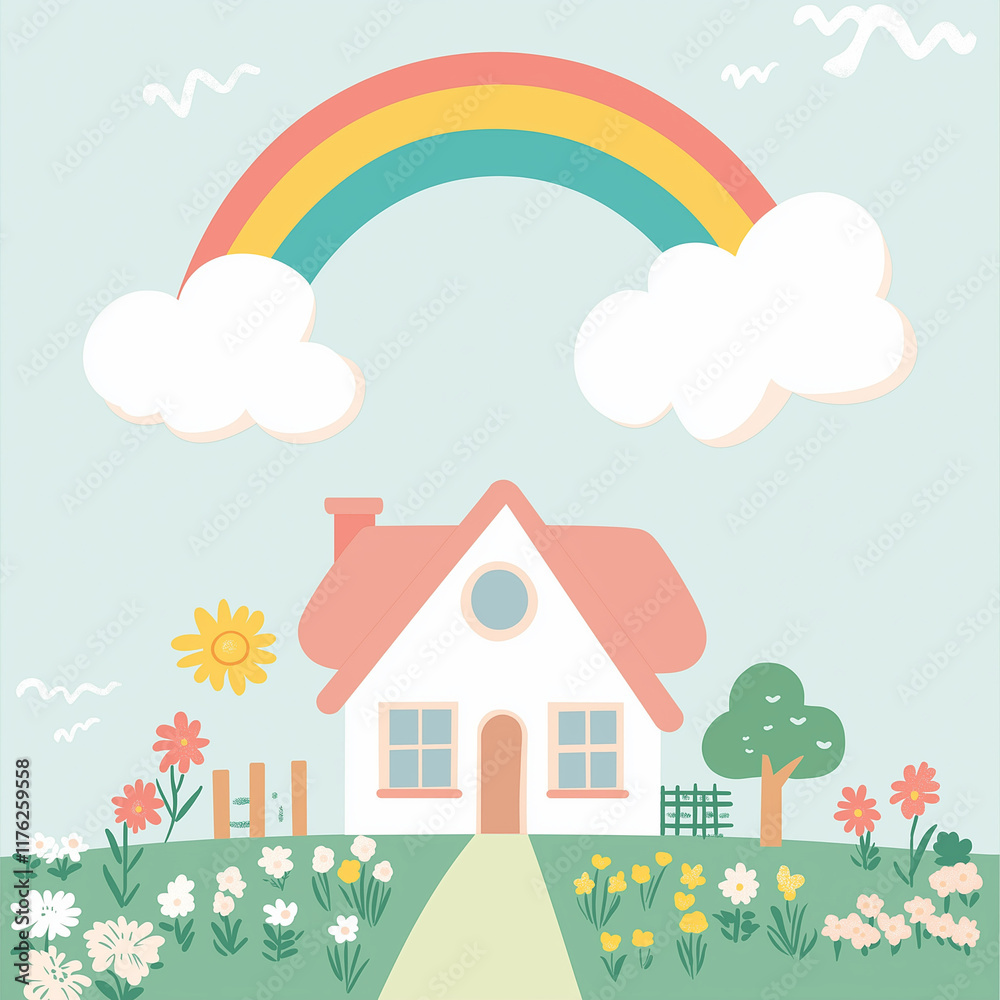 A simple pastel illustration of a small cozy home with a garden A simple pastel illustration of a small cozy home with a garden