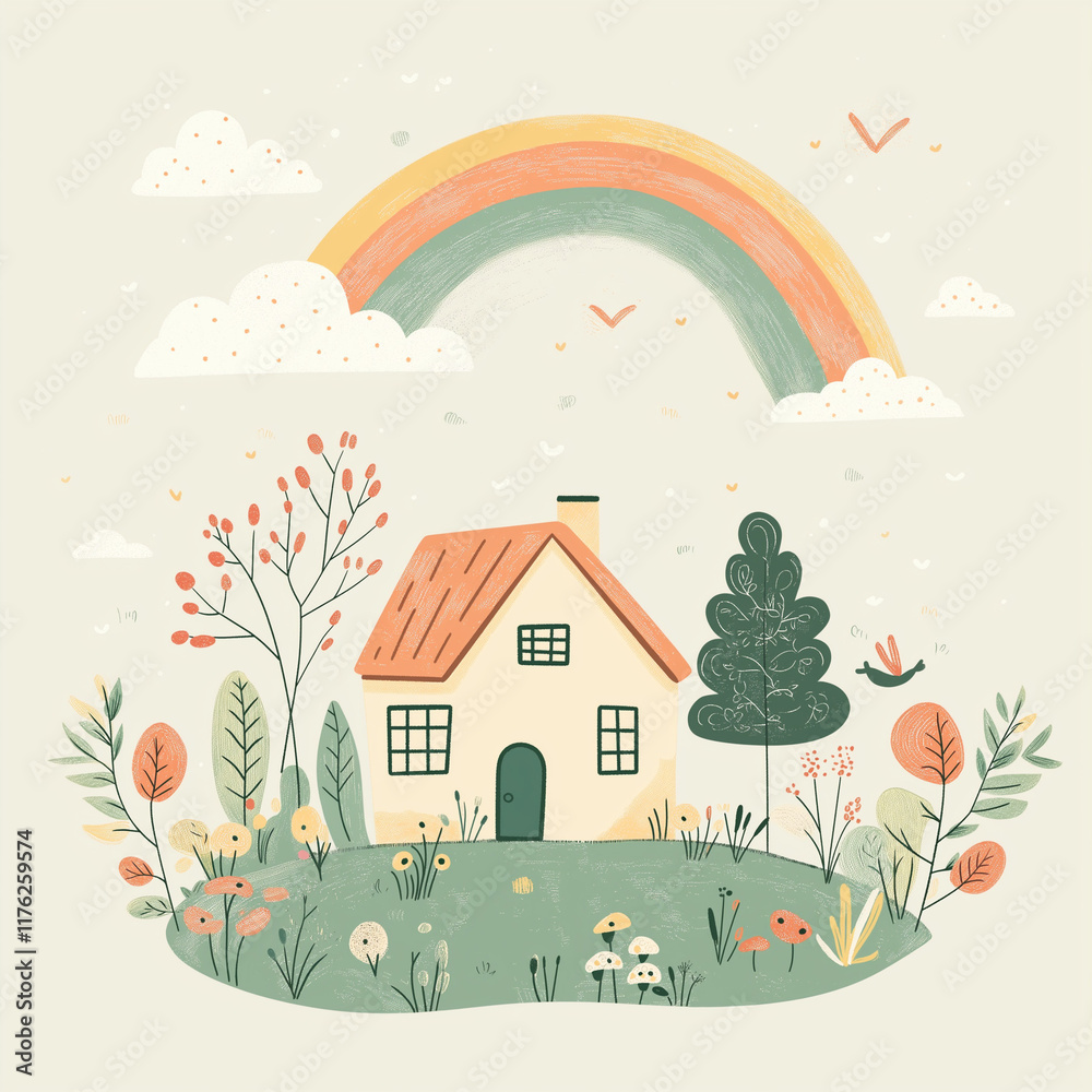 Obraz premium A simple pastel illustration of a small cozy home with a garden