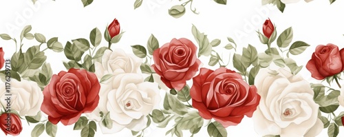 Collection of Red and White Roses background, Watercolor, Seamless Pattern with floral decoration for celebration and romance, Valentine's theme