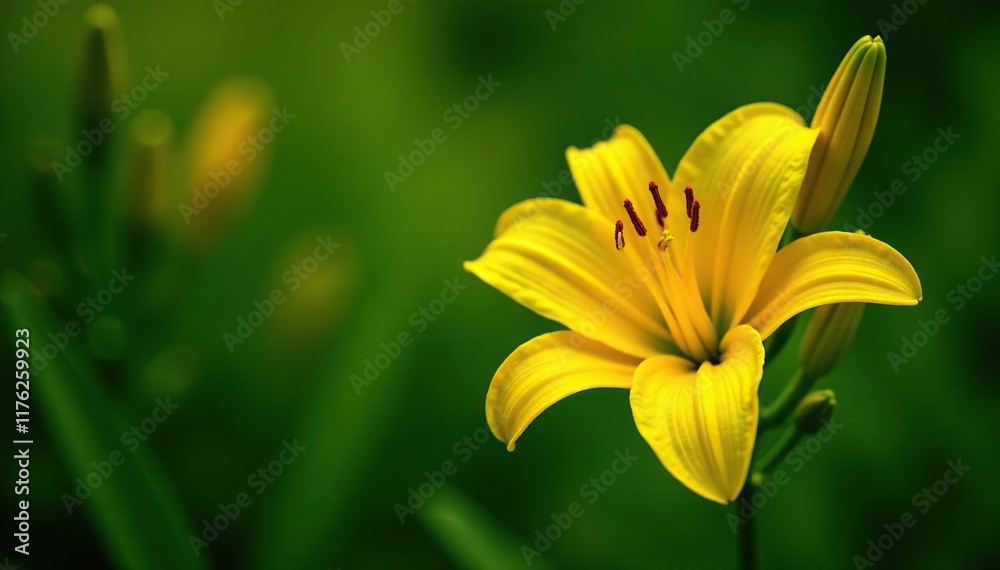 Mature yellow lily bloom with prominent buds and lush green foliage, foliage, blossom Mature yellow lily bloom with prominent buds and lush green foliage, foliage, blossom