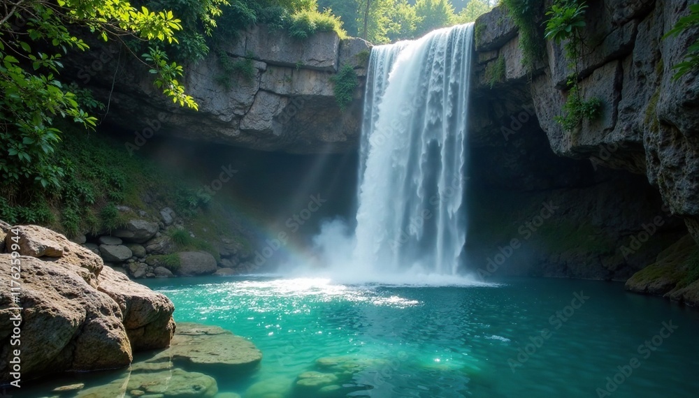 Fototapeta premium Misty veils fall from crystal clear water, cascading down ancient stone, mist, nature