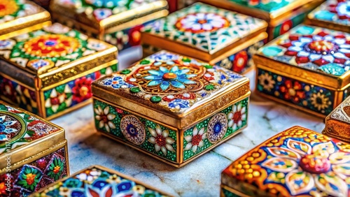 Macro Photography: Intricate Boxes on Marble Tile Tabletop