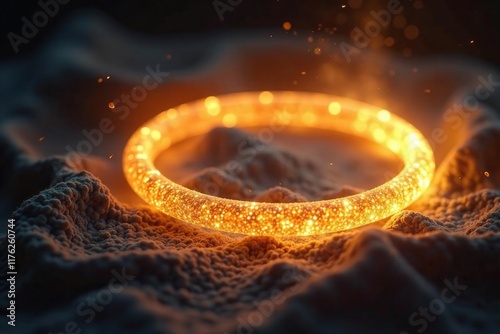 Shimmering aura enfolds glittering golden ring in shadows, mysterious, enfolds, glowing