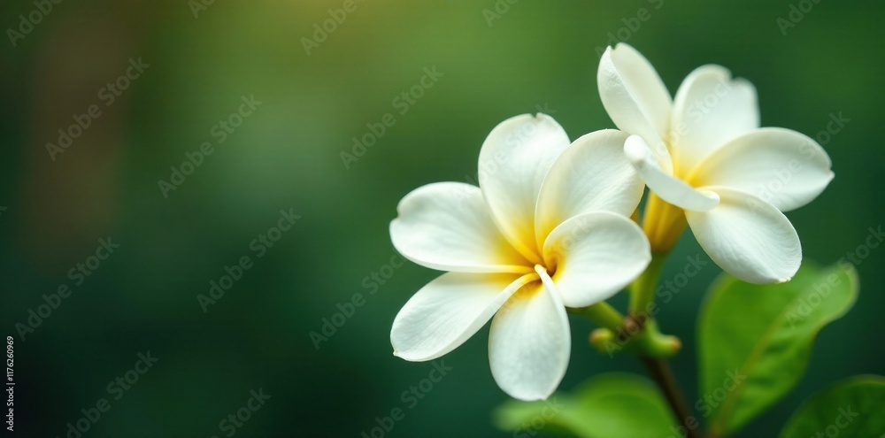 Dainty white petals with bright yellow centers and green stems, flowers, gardenia, delicate