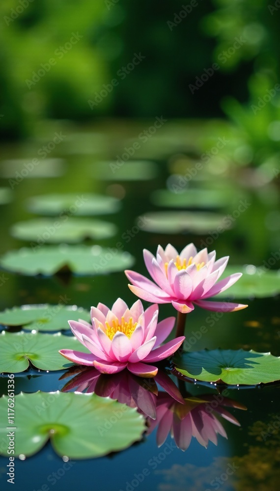 Water lilies blooming on river surface with soapwort plant in background, greenery, summer, landscape Water lilies blooming on river surface with soapwort plant in background, greenery, summer, landscape