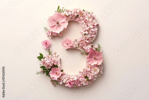 International Women's Day Number with Pink Flowers Botanical Background Concept