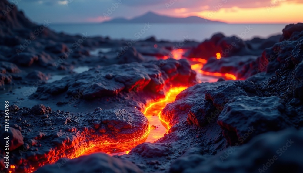 Volcanic rocks glow with shades of orange and red, warm colors, glowing Volcanic rocks glow with shades of orange and red, warm colors, glowing