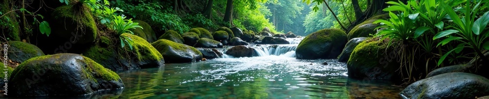 Cascading stream in the heart of a rainforest, stream, peaceful, water Cascading stream in the heart of a rainforest, stream, peaceful, water