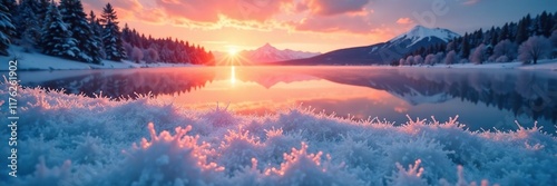 Delicate snowflakes settle on a frosty lake at sunset, frozen lake, snowflakes