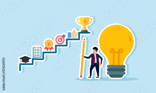 A businessman holding a pencil near a lamp after creating educational steps leading to champion, illustration of step-by-step career growth with creativity in ideas and innovation