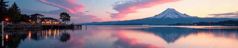 Reflection of Mount Rainier on calm Tacoma Waterfront at dawn, serene landscape, waterfront Reflection of Mount Rainier on calm Tacoma Waterfront at dawn, serene landscape, waterfront