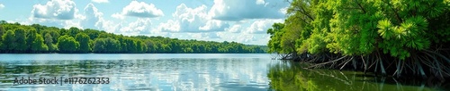 Dense mangrove forest along the shoreline of the Strait of Magdalena River, trees, shore, nature