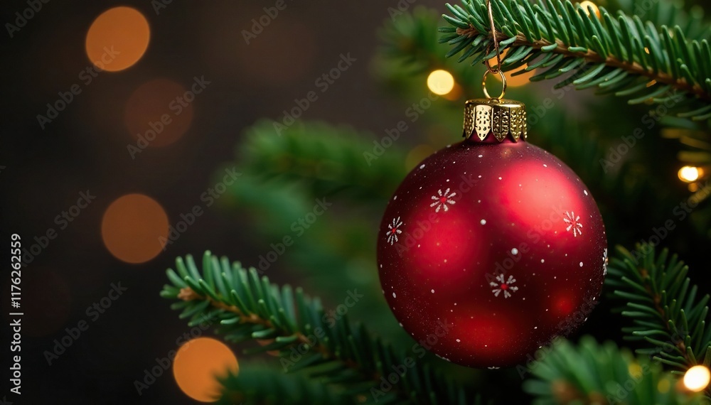 Shiny red glass ball on a Christmas tree branch, bauble, Xmas decoration, glass