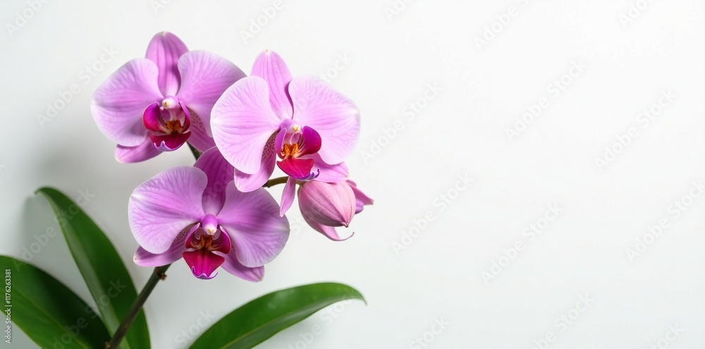 Exotic orchid blooms on a pristine white background, greenery, plant, flowers Exotic orchid blooms on a pristine white background, greenery, plant, flowers