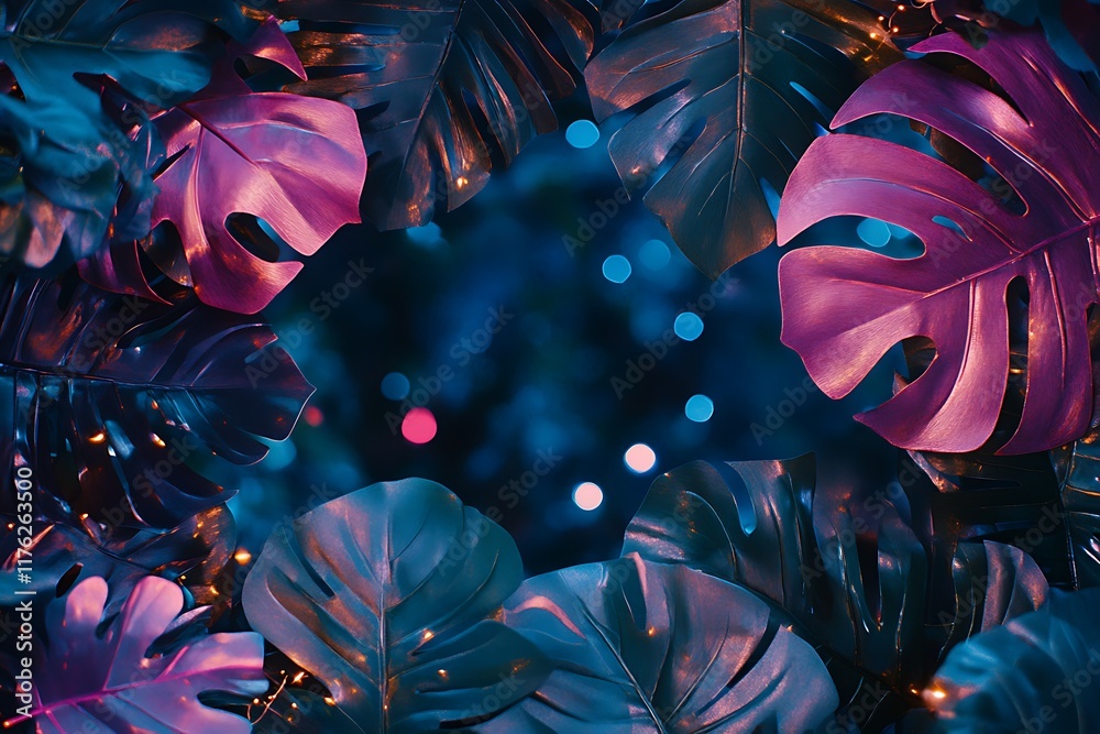 Obraz premium Tropical monstera leaves creating a vibrant frame against a backdrop of shimmering neon lights
