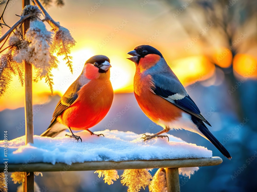 Obraz premium Silhouette of Bullfinch Pair at Feeder, Sunny Winter Norway