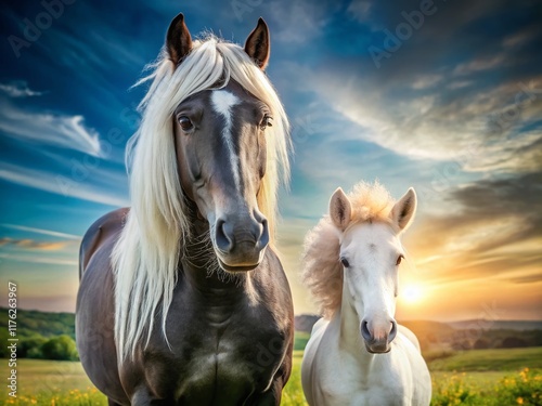 Majestic Black Horse and White Pony Portrait: Stunning Equine Duo in a Field