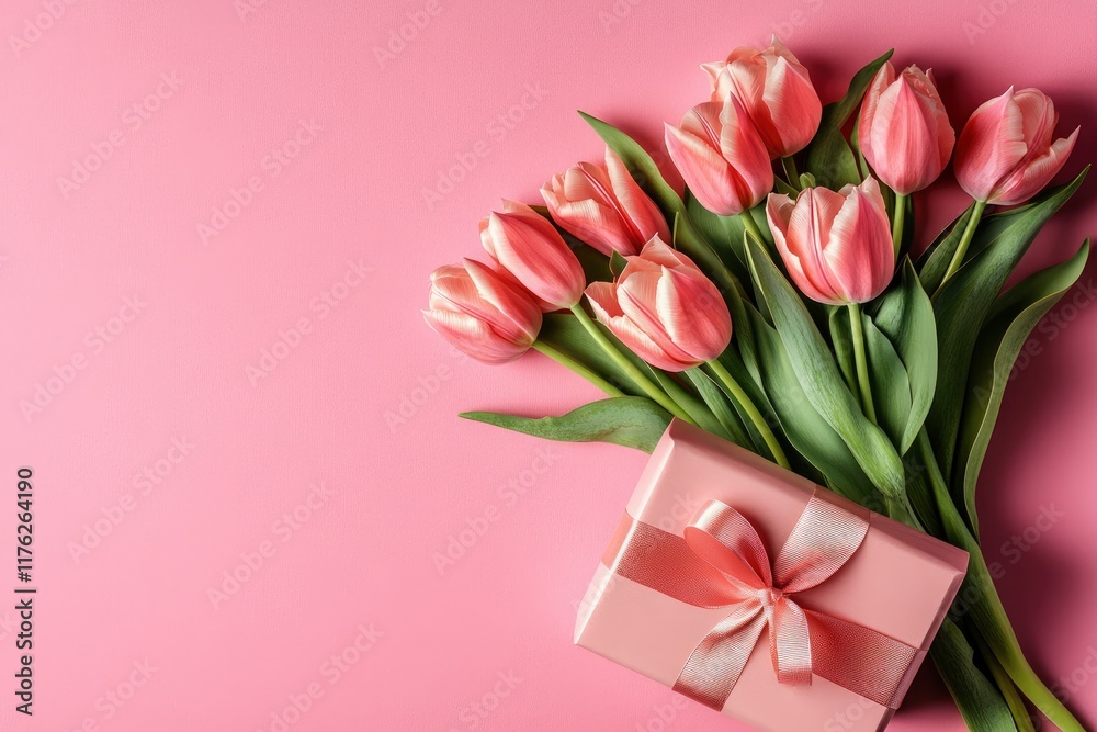 Mother's Day concept. Top view photo of stylish pink giftbox with ribbon bow and bouquet of tulips on isolated pastel pink background with copyspace Mother's Day concept. Top view photo of stylish pink giftbox with ribbon bow and bouquet of tulips on isolated pastel pink background with copyspace