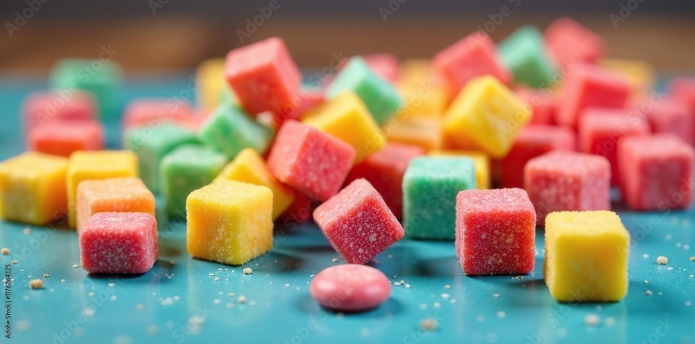 Cube-shaped candy pieces scattered on the floor, jawbreaker, colored candy Cube-shaped candy pieces scattered on the floor, jawbreaker, colored candy