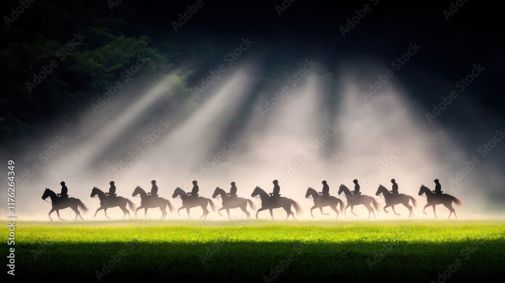 Silhouettes of horse riders emerging from misty landscape. Silhouettes of horse riders emerging from misty landscape.