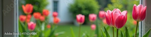 Delicate pink tulip petals unfolding on a windowpane overlooking a serene courtyard garden, garden decor, window