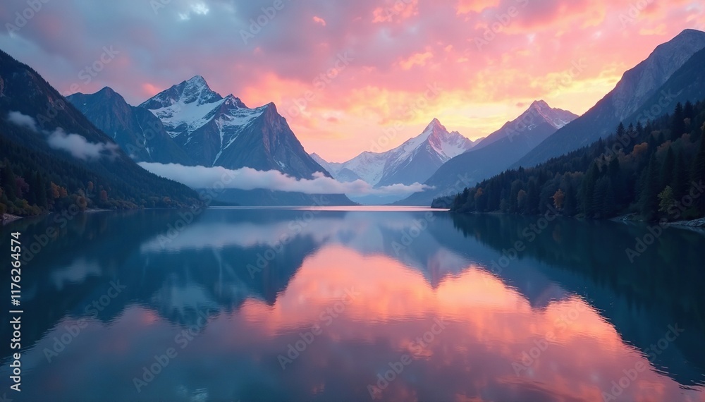 Misty mountain lake at dawn with surrounding peaks, scenery, mountain, dawn Misty mountain lake at dawn with surrounding peaks, scenery, mountain, dawn