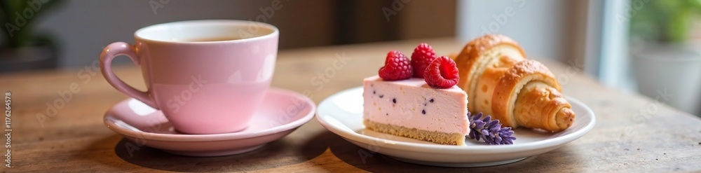 Pastel pink tea cup with lavender croissant and raspberry cheesecake on a wooden table, pastel, white cup Pastel pink tea cup with lavender croissant and raspberry cheesecake on a wooden table, pastel, white cup