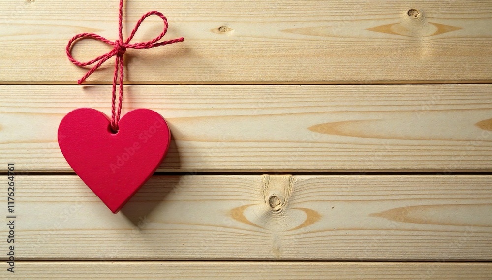 Wooden background with tied heart string hanging down, textured, beige Wooden background with tied heart string hanging down, textured, beige