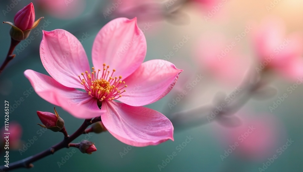 Fototapeta premium Soft pink petals unfold from a delicate branch, floral, pastel colors