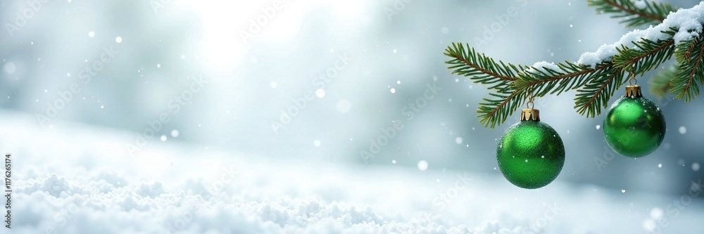 Snowflakes fall around a single branch carrying three small green ornaments in a serene winter landscape, branch, white background, Christmas Snowflakes fall around a single branch carrying three small green ornaments in a serene winter landscape, branch, white background, Christmas