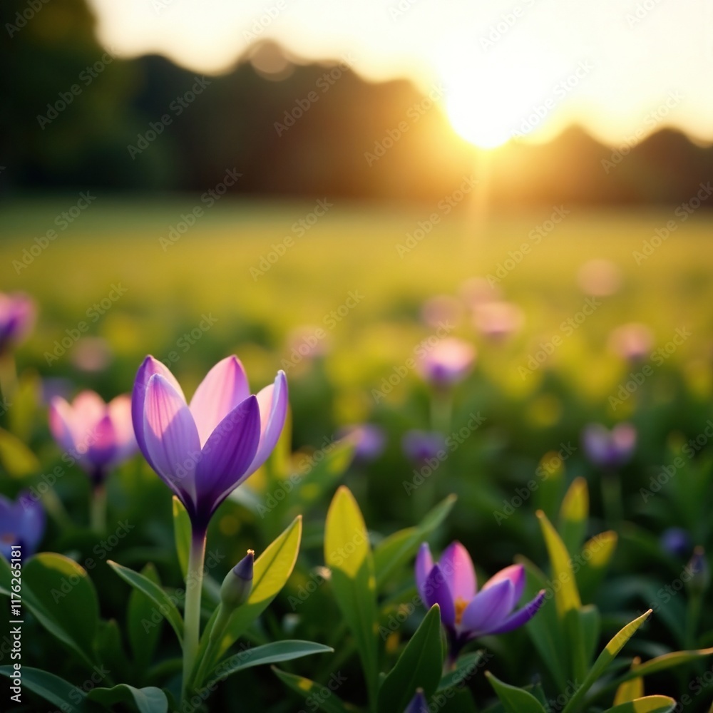 Soft petals of purple violet flowers scattered across a green field at dawn, morning, purple blooms Soft petals of purple violet flowers scattered across a green field at dawn, morning, purple blooms