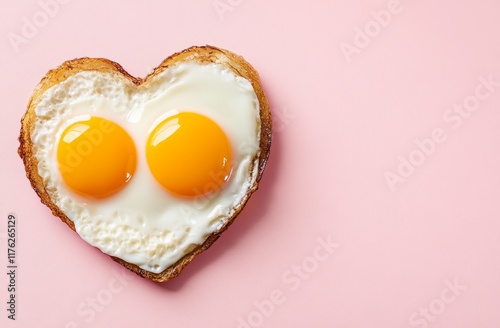 Fried egg in a heart shape with a yellow yolk on a pink background, simple shapes, 3D render, minimalistic design, valentine's day, cute graphic style, heart-shaped character photo