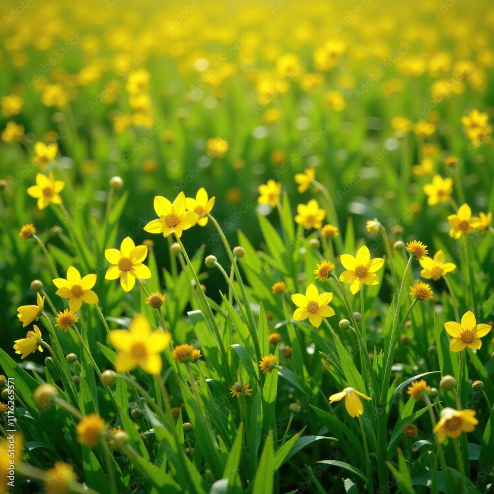 Yellow flowers swaying in a gentle breeze amidst lush greenery, field, blooms, sunlight Yellow flowers swaying in a gentle breeze amidst lush greenery, field, blooms, sunlight